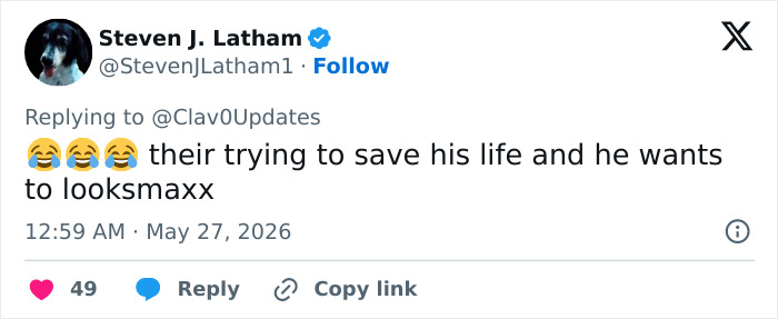 Screenshot of tweet about looksmaxxer wanting to save his life