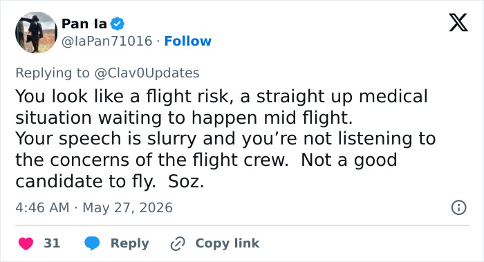 Tweet criticizing flight risk behavior of passenger after plastic surgery