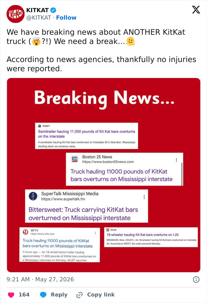 KitKat Issues Hilarious Response As Truck Carrying 11K Pounds Of Chocolate Crashes 2 Months After Famous Heist KitKat Issues Hilarious Response As Truck Carrying 11K Pounds Of Chocolate Crashes 2 Months After Famous Heist