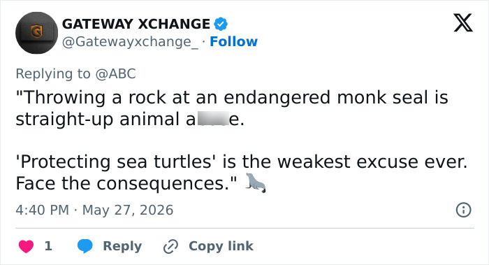 Social media post condemning throwing rock at beloved seal