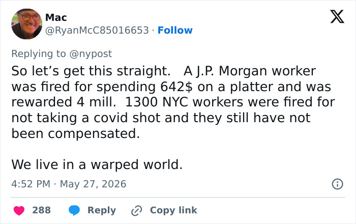 Screenshot of a social media post discussing JPMorgan worker wrongful termination and compensation Screenshot of a social media post discussing JPMorgan worker wrongful termination and compensation
