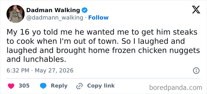 Relatable parenting tweet about teenager wanting steaks but getting nuggets instead