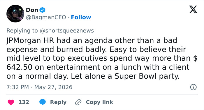 Tweet discussing JPMorgan HR and Super Bowl party expense controversy Tweet discussing JPMorgan HR and Super Bowl party expense controversy