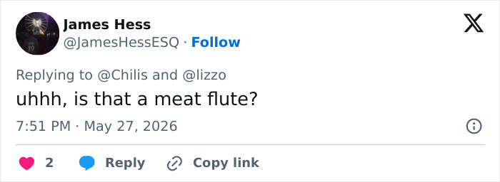 Tweet questioning if Lizzo uses a meat flute amid diet change discussion Tweet questioning if Lizzo uses a meat flute amid diet change discussion