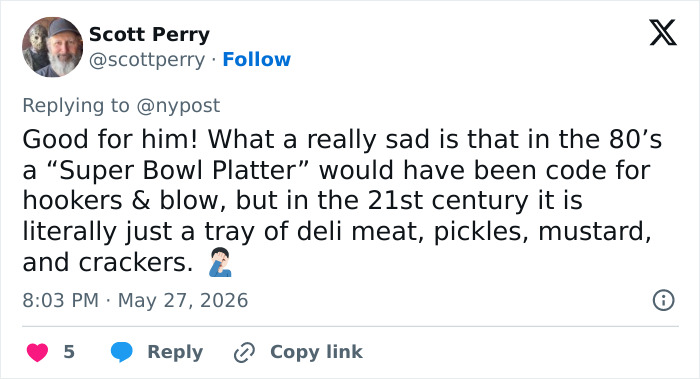 Tweet discussing the term Super Bowl platter and its modern meaning related to deli meat tray Tweet discussing the term Super Bowl platter and its modern meaning related to deli meat tray
