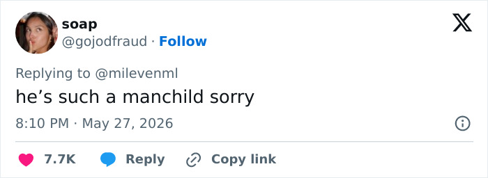 Tweet calling Jake Bongiovi a manchild in reaction to Millie Bobby Brown confession Tweet calling Jake Bongiovi a manchild in reaction to Millie Bobby Brown confession