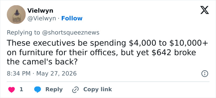 Tweet commenting on executive spending versus $642 expense at JPMorgan Tweet commenting on executive spending versus $642 expense at JPMorgan