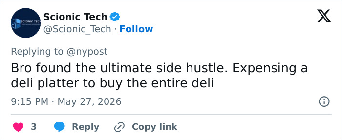 Tweet about expensing deli platter in JPMorgan wrongful termination legal case Tweet about expensing deli platter in JPMorgan wrongful termination legal case