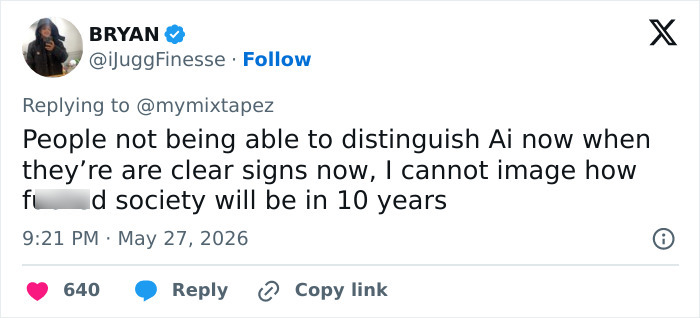 Tweet discussing signs of AI and concerns about future society in 10 years