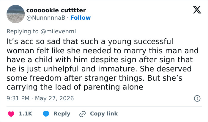 Tweet discussing Millie Bobby Brown's struggles with parenting and marriage immaturity Tweet discussing Millie Bobby Brown's struggles with parenting and marriage immaturity