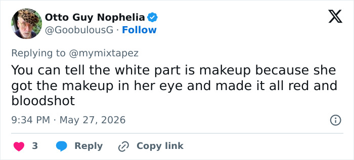 Tweet noting makeup causes white part and bloodshot eye on model