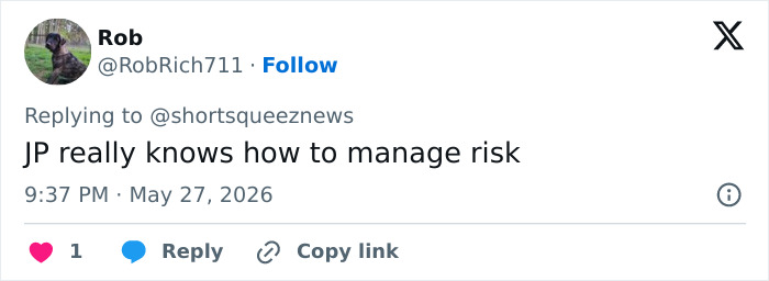 Tweet commenting on JPMorgan risk management after wrongful termination case Tweet commenting on JPMorgan risk management after wrongful termination case