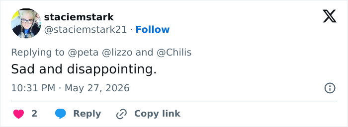 Tweet expressing sadness and disappointment about Lizzo diet change Tweet expressing sadness and disappointment about Lizzo diet change