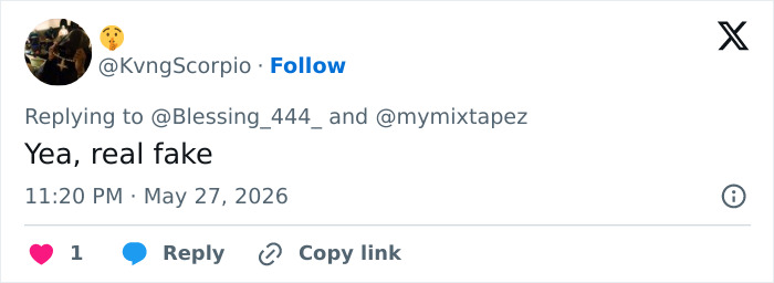 Short tweet saying real fake in response to AI discussion