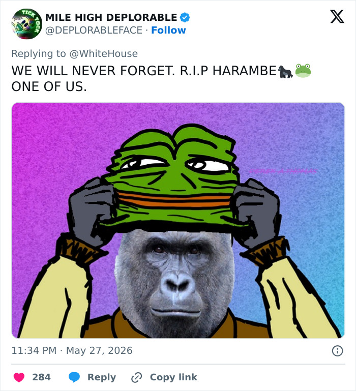 Pepe the Frog pulling mask revealing Harambe gorilla face