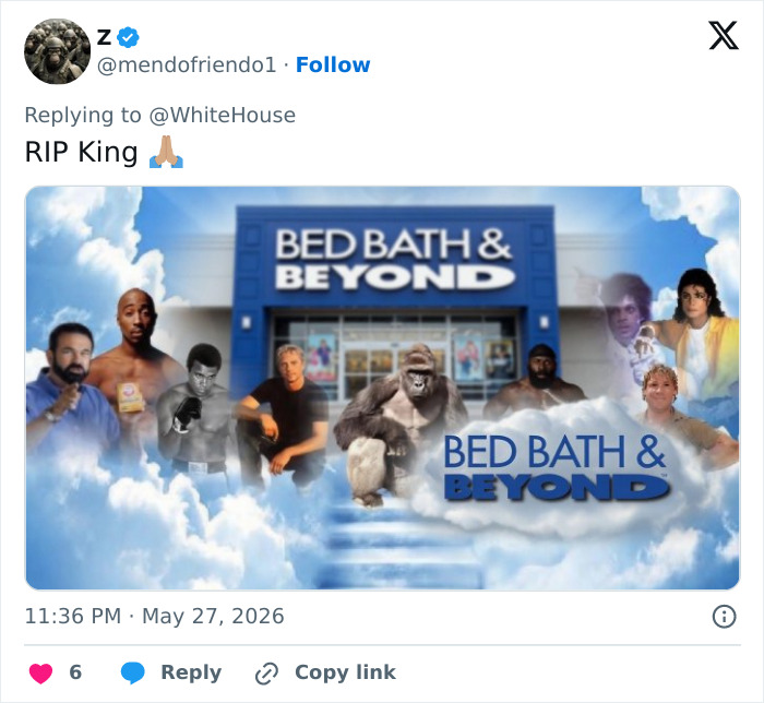 Tribute meme with Harambe among iconic figures at Bed Bath and Beyond, White House tribute