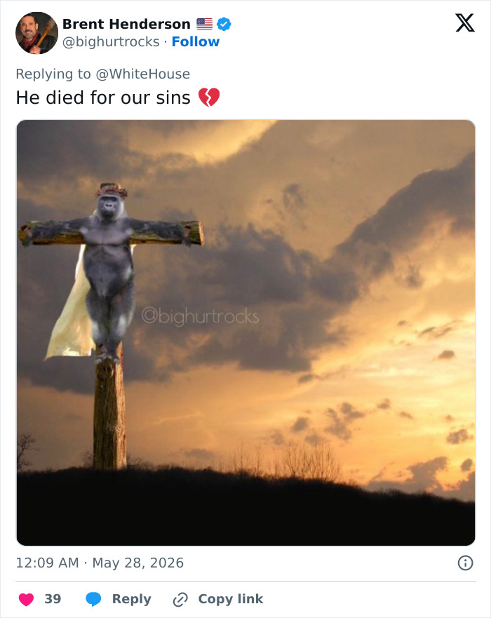 Image of Harambe crucified against a dramatic sunset, symbolic Harambe tribute for anniversary