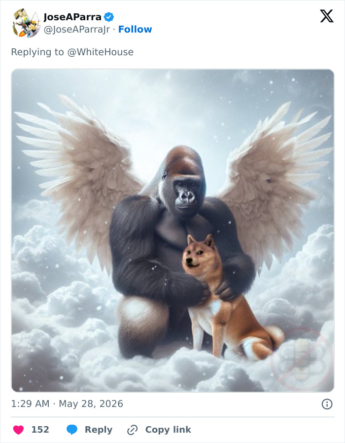 Illustration of angelic Harambe gorilla hugging a dog in tribute image