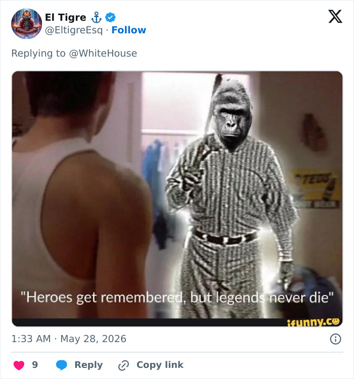 Harambe meme with gorilla face on glowing figure quoting heroes and legends