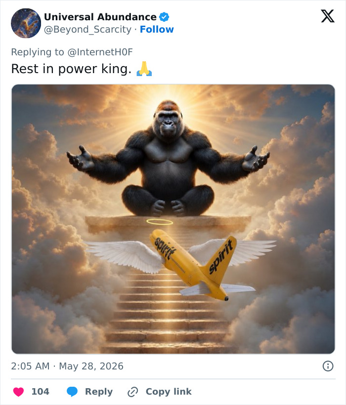Artistic tribute showing Harambe meditating above stairs with Spirit airline plane and heavenly background