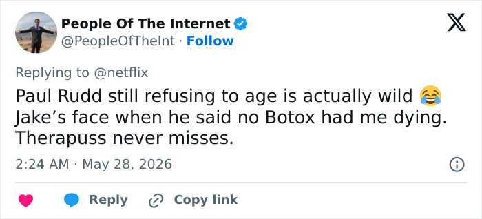 Social media post about Paul Rudd's refusal to age with humor