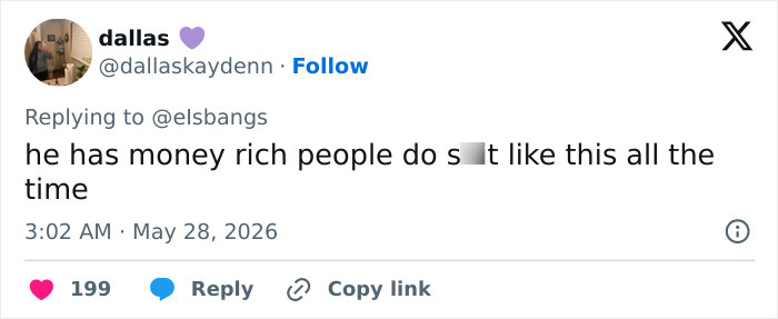 Tweet discussing rich people's travel habits related to Millie Bobby Brown and Jake Bongiovi manchild accusations Tweet discussing rich people's travel habits related to Millie Bobby Brown and Jake Bongiovi manchild accusations