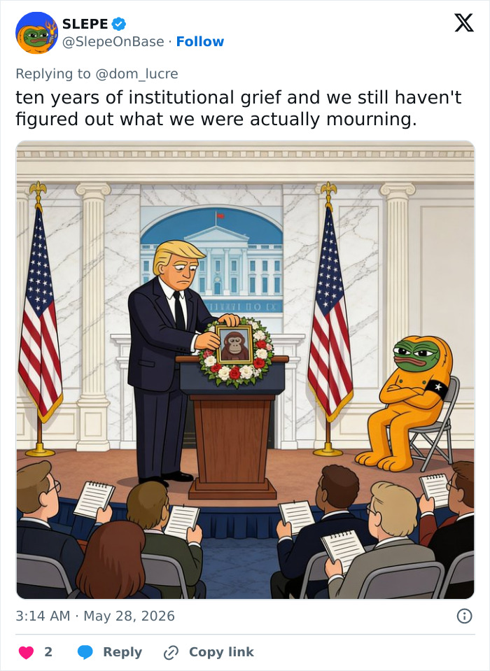 Cartoon of ceremony at White House with Harambe photo and Pepe the Frog