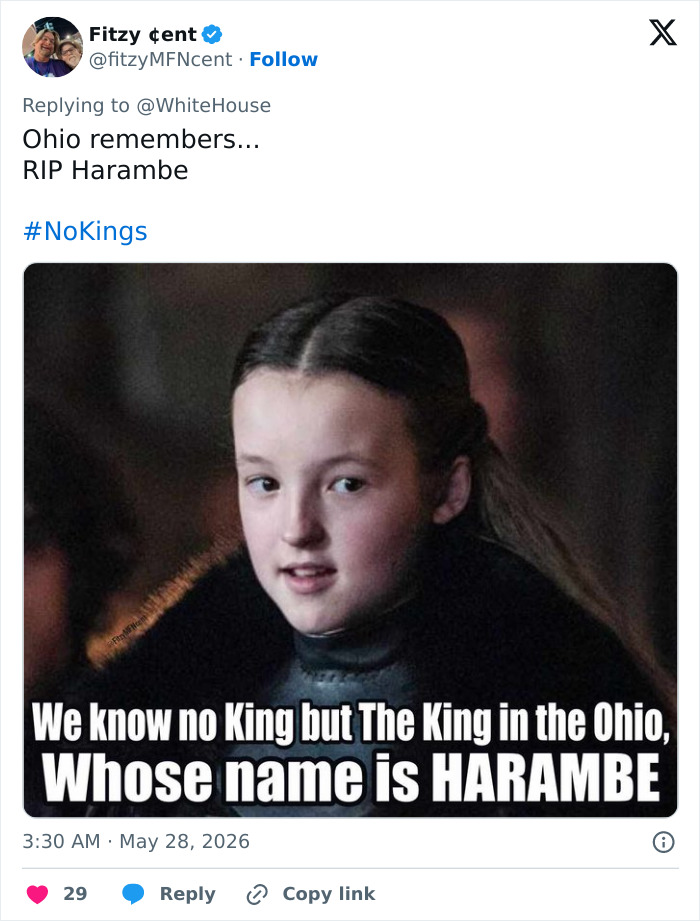 Meme with young girl and text referencing Harambe as king in Ohio tribute