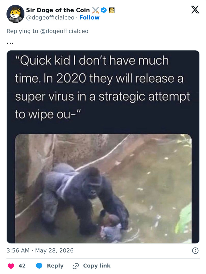 Harambe meme referencing a 2020 super virus release in a strategic attempt