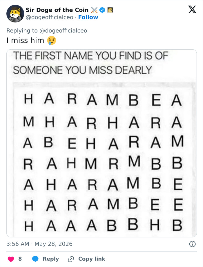 Word search puzzle meme highlighting Harambe's name as someone missed dearly