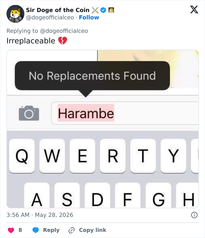 Screenshot of keyboard autocorrect showing no replacements for Harambe name