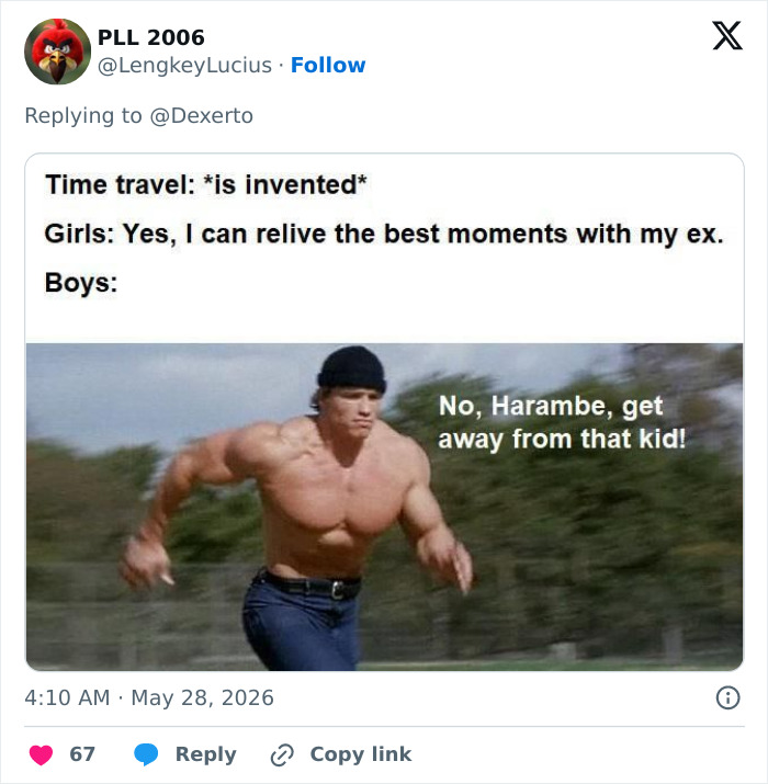Time travel meme with Harambe and running man warning to get away from kid