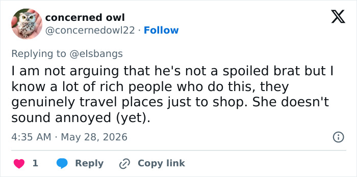 Tweet about spoiled behavior and travel shopping in context of Millie Bobby Brown's confession Tweet about spoiled behavior and travel shopping in context of Millie Bobby Brown's confession