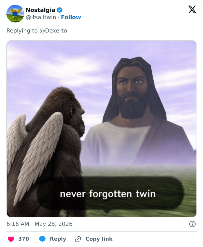 Angel winged Harambe and Jesus with caption never forgotten twin