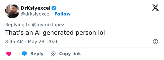 Tweet stating the model is AI generated with unusual skin coloration