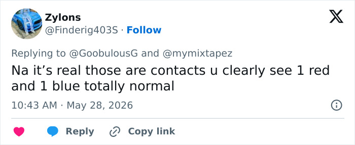 Tweet confirming model's eye contacts with red and blue colors