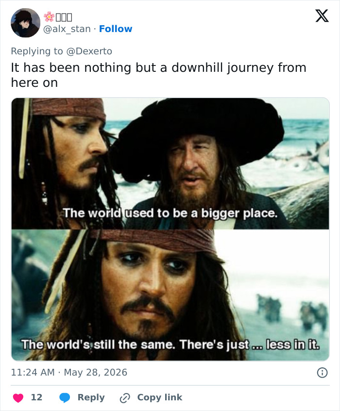Pirates of the Caribbean meme about the world feeling smaller and emptier, Harambe anniversary meme