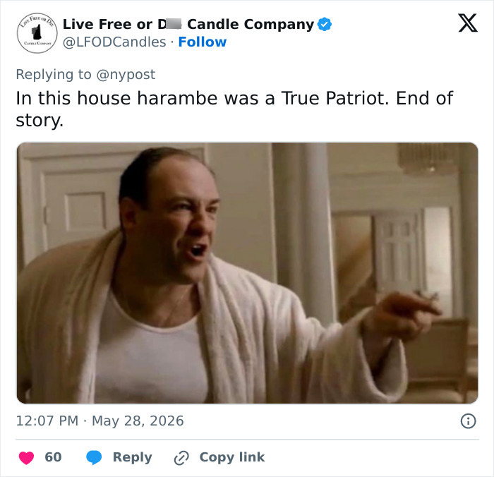 The Sopranos meme emphasizing Harambe as a true patriot, heartfelt tribute meme