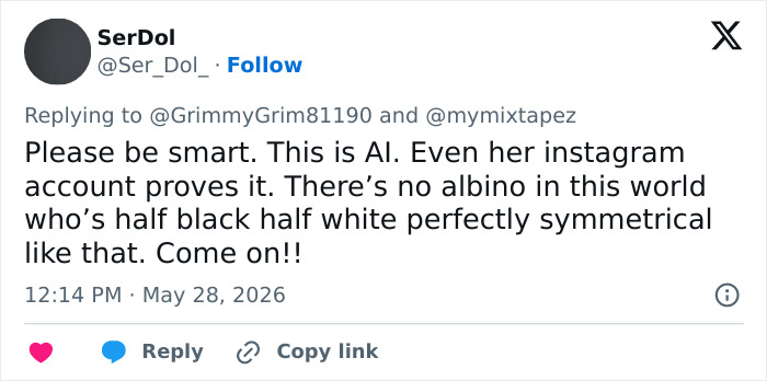 Tweet explaining AI and impossible skin coloration symmetry on model
