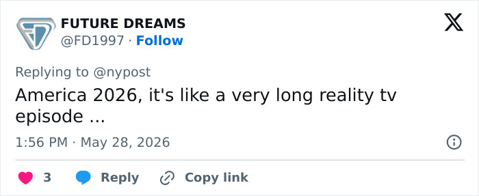 Tweet about America 2026 as a long reality TV episode