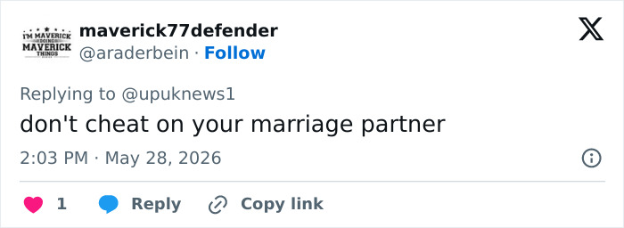Social media post advising not to cheat on marriage partner