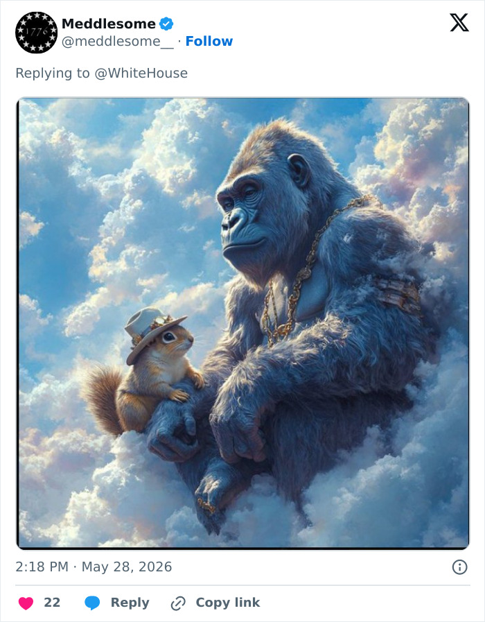 Digital art of Harambe gorilla with chipmunk in clouds
