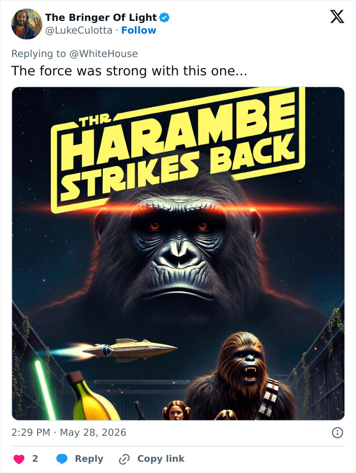 Star Wars style poster titled Harambe Strikes Back with gorilla face and characters