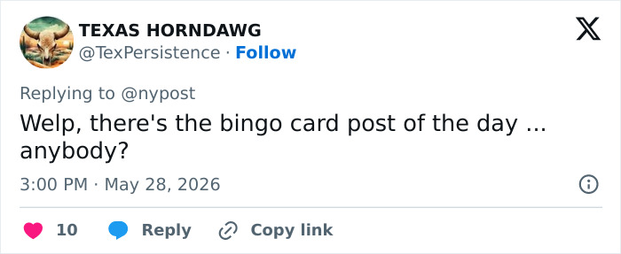 Tweet referencing a bingo card post related to the private parts cream case