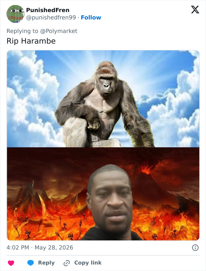 Tribute meme showing Harambe in heaven and George Floyd in hell for Harambe's anniversary
