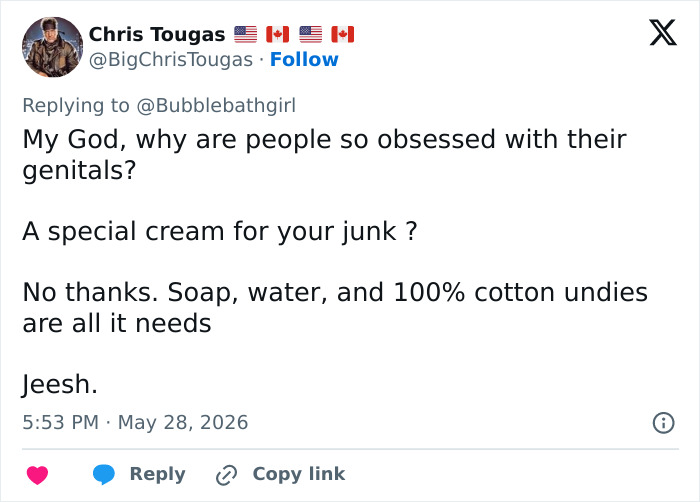 Tweet about obsession with genitals and rejection of private parts cream