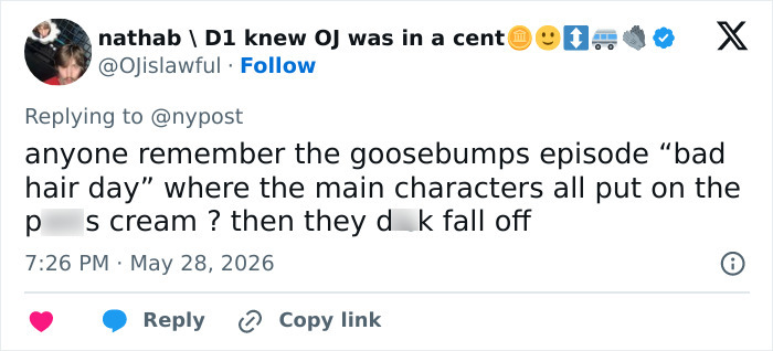 Tweet referencing private parts cream and a Goosebumps episode