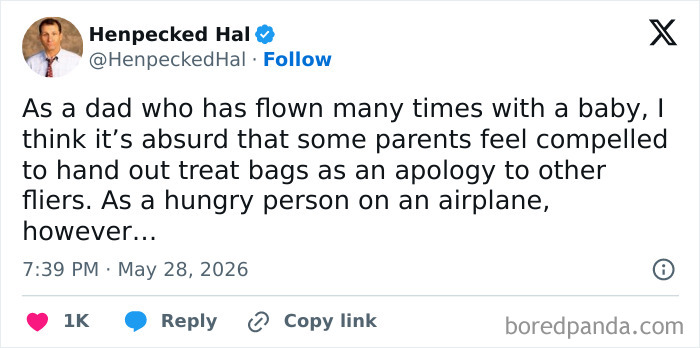 Funny parenting confession about flying with a baby and treat bags on airplanes