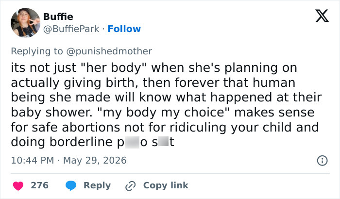 Tweet criticizing Bonnie Blue's baby shower plans and choice rhetoric