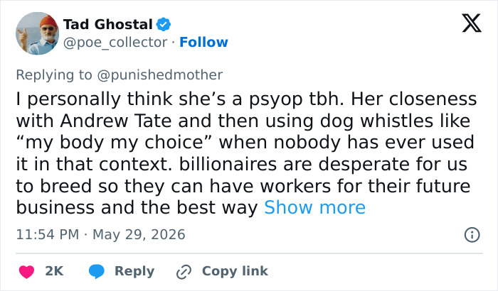 Tweet alleging Bonnie Blue's ties with Andrew Tate and propaganda